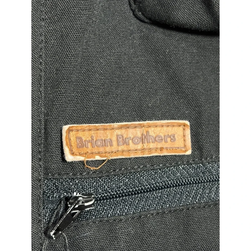 VTG Brian Brothers Utility Vest Mens L Black Graphic Back Multi-Pocket Full Zip